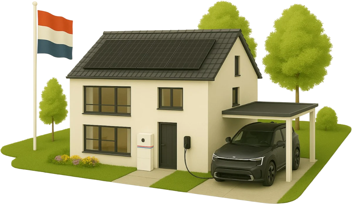 Illustratie van een woning met zonnepanelen, thuisbatterij en laadpaal