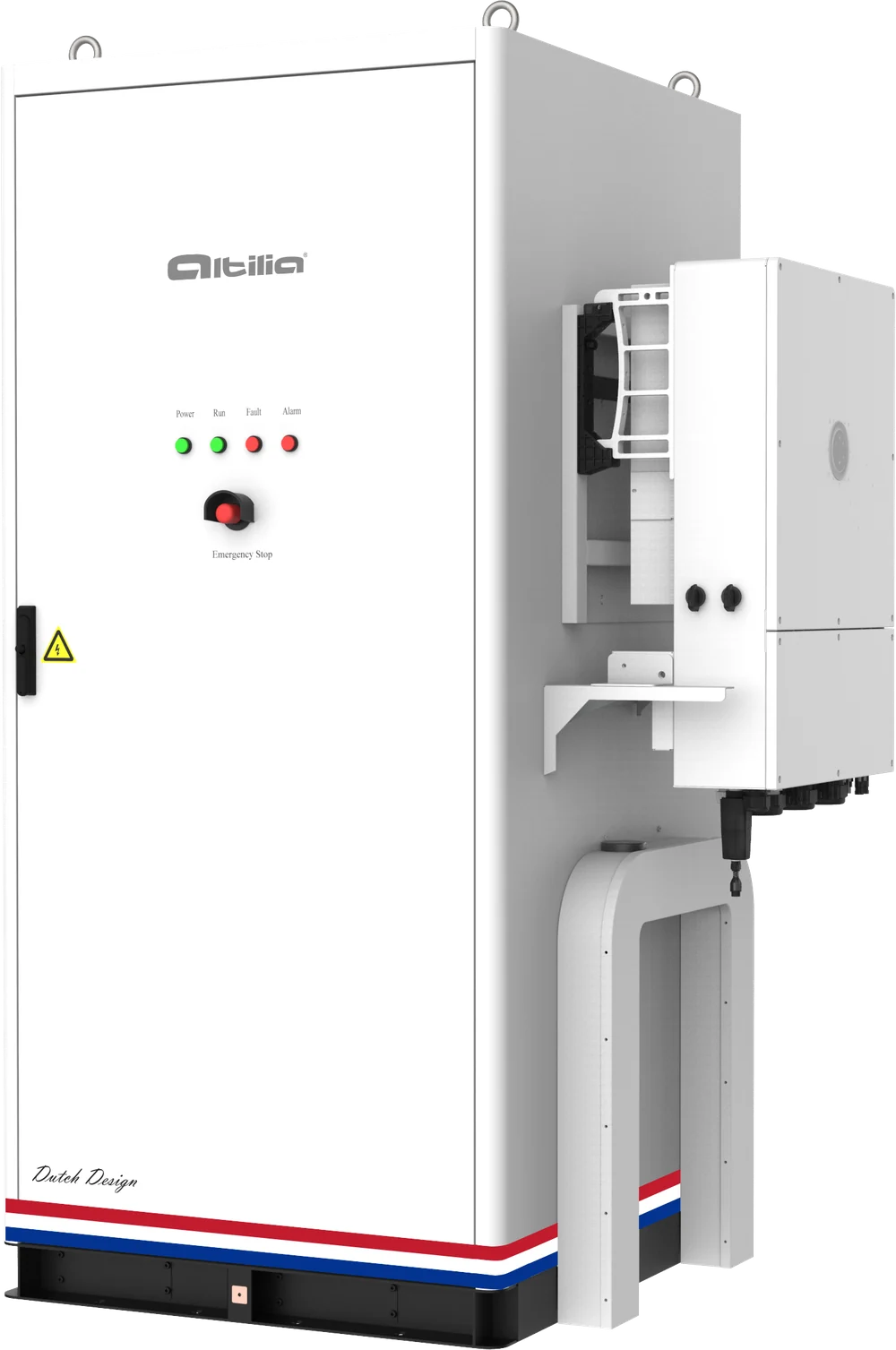 Altilia energiekast 112 kWh met de hybride omvormer op een beugel aan de zijkant