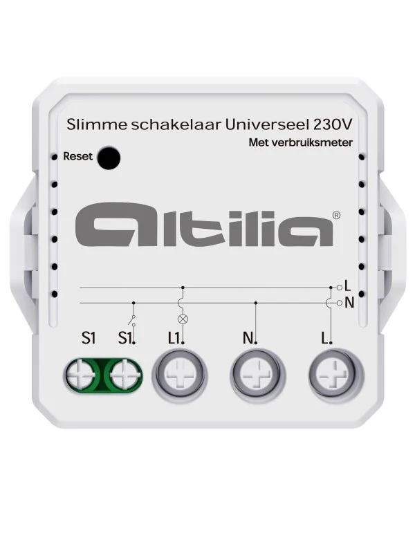 Altilia slimme schakelaar 230 V met verbruiksmeter, met de aansluitklemmen S1, L1, N en L