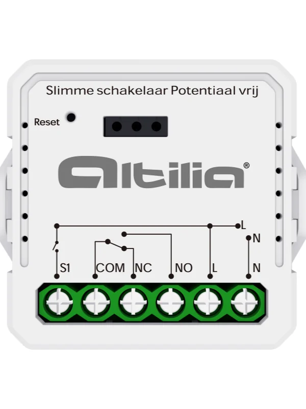 Altilia slimme potentiaalvrije schakelaar met de klemmen S1, COM, NC, NO, L en N